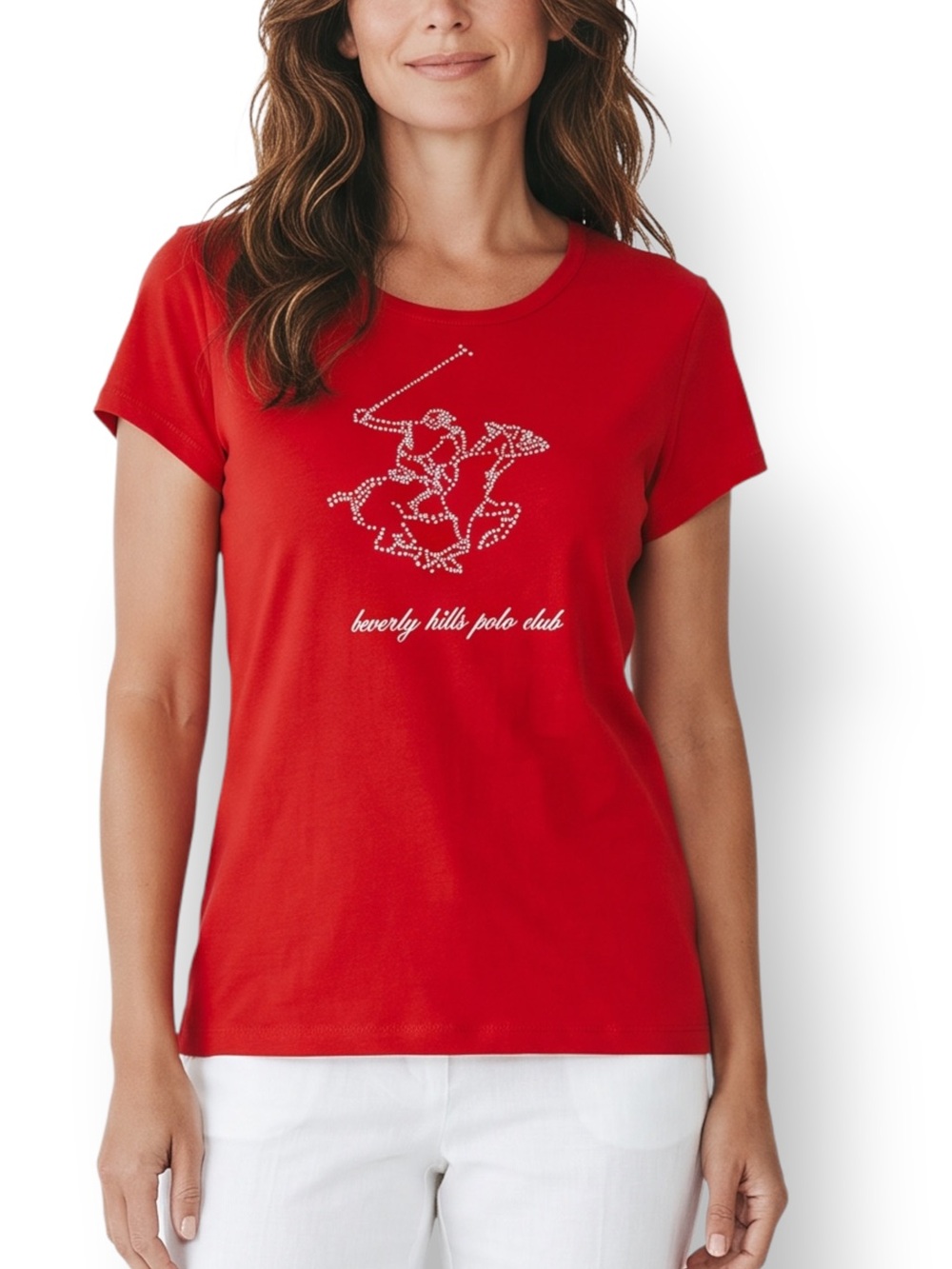 4/$20 Beverly Hills Polo Club Red Rhinestone Logo T-Shirt Women’s Large